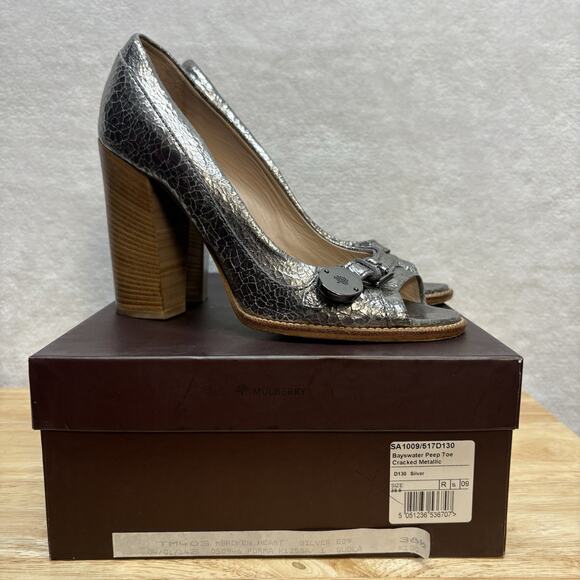 Mulberry Bayswater Peep Toe Cracked Metallic Silver Block Heel Pump EU Size 38.5 - Picture 1 of 16